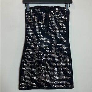 This is a Nasty Gal Zebra Diamante Denim Mini Dress in dark denim